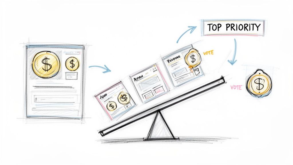 Hand-drawn sketch showing a seesaw balancing product features with dollar signs, prioritizing revenue-generating items.