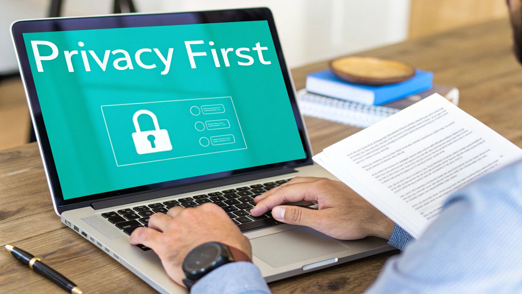 Person typing on a laptop displaying 'Privacy First' with a lock icon, holding a document.
