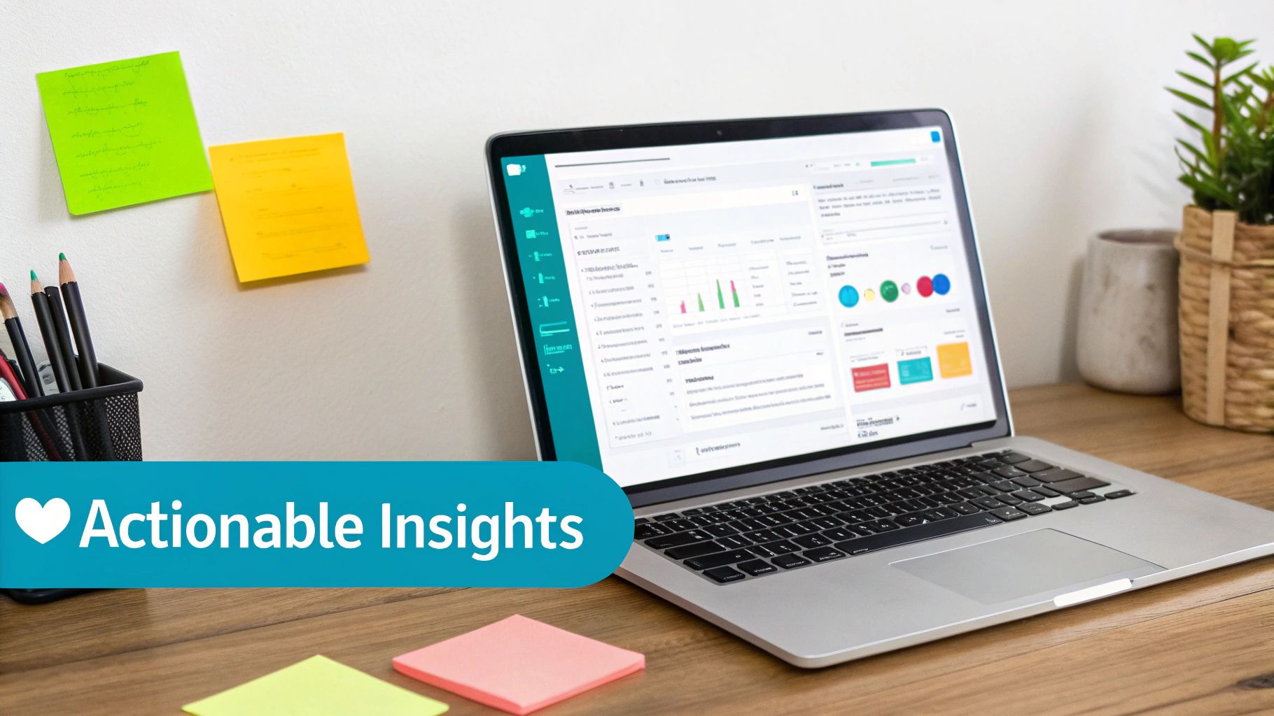 Laptop displaying a business analytics dashboard with charts and data in a clean office workspace.