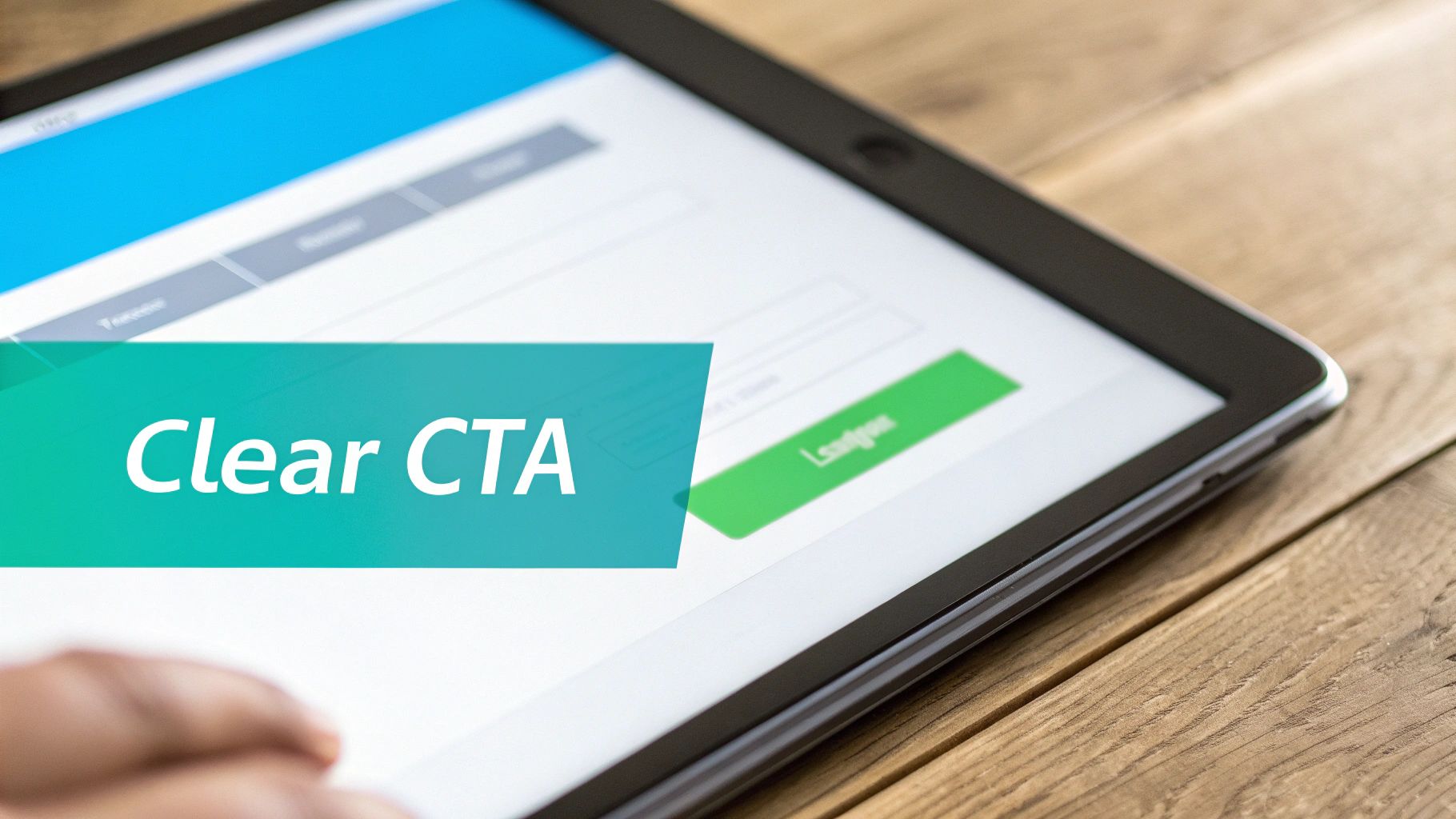 Close-up of a tablet displaying a web form with a prominent green 'Clear CTA' overlay.