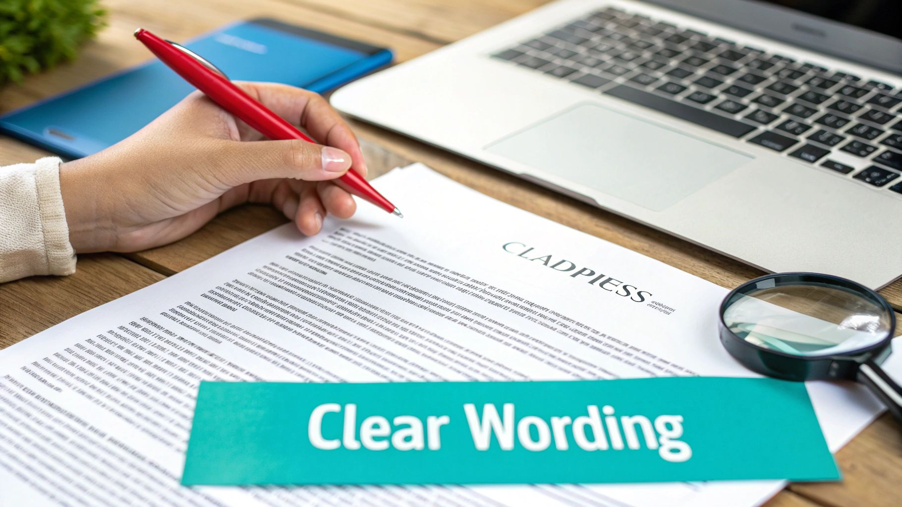 A person's hand holds a red pen, writing on a document with 'CLADPIESS' and 'Clear Wording' visible.