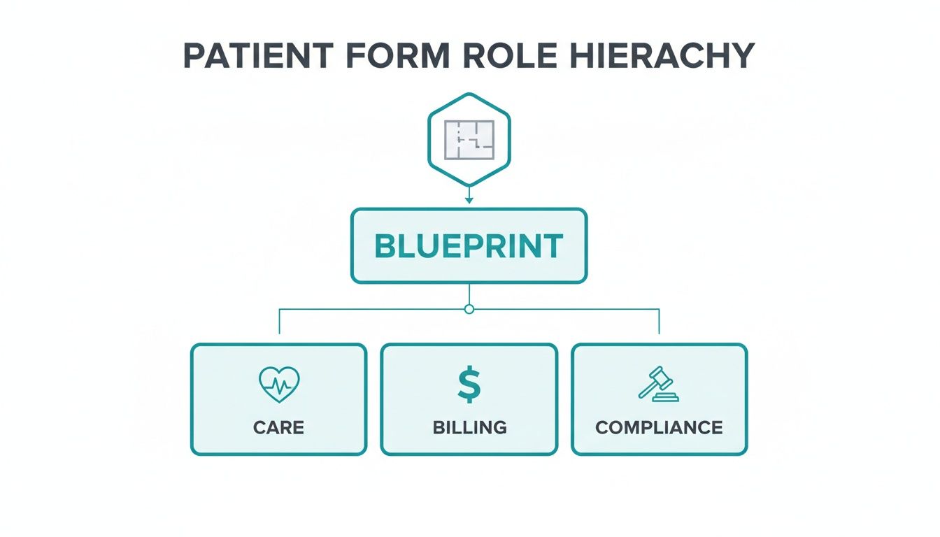 A hierarchy diagram showing a blueprint for patient forms branching into care, billing, and compliance roles.