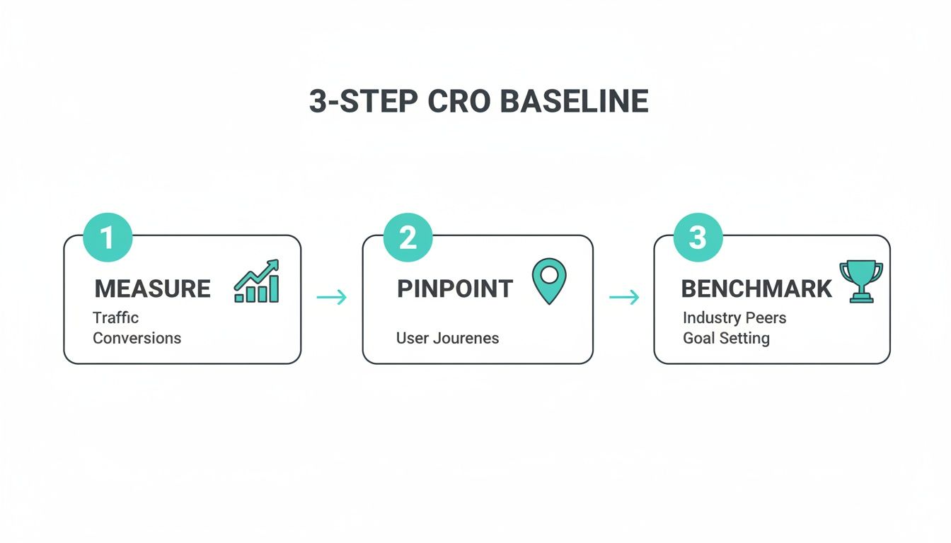 A 3-step CRO baseline process: Measure traffic and conversions, Pinpoint user journeys, and Benchmark against peers.
