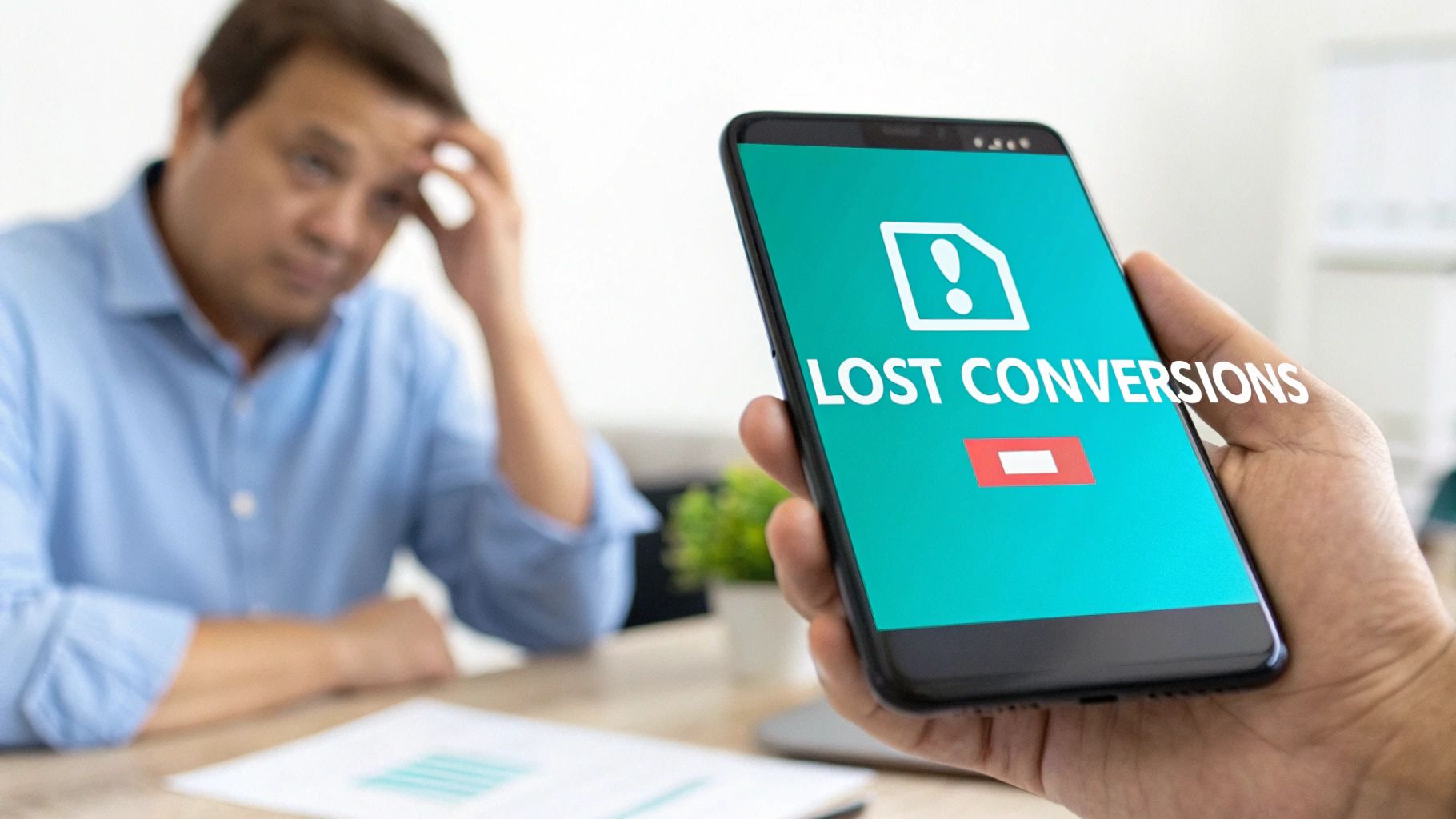 A frustrated man views a smartphone displaying 'LOST CONVERSIONS', indicating business challenges.