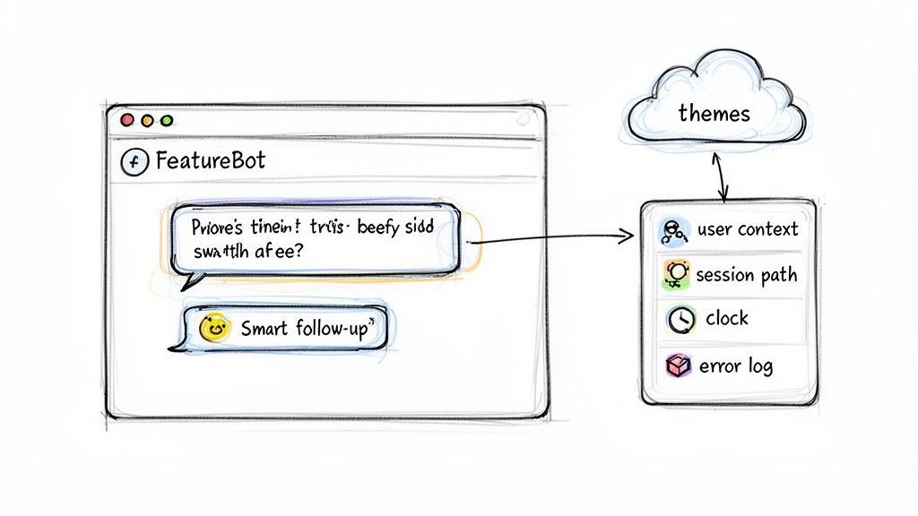 A chatbot interface 'FeatureBot' interacting with user data, session path, error log, and themes.