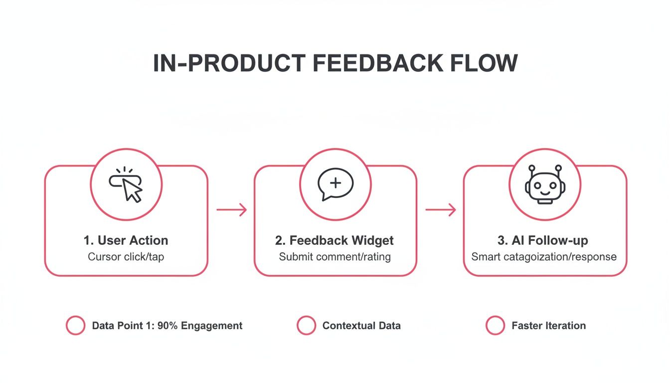 A diagram illustrates an in-product feedback flow from user action to AI follow-up.