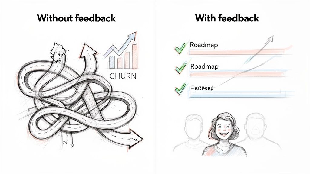 Visual comparison showing chaotic product development without feedback versus clear, happy progress with feedback.