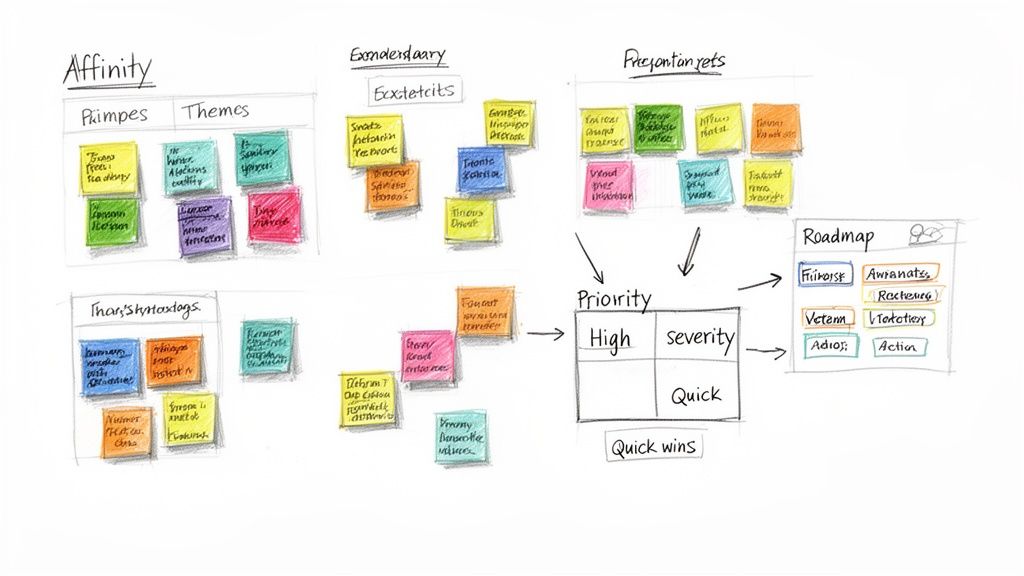 A whiteboard with handwritten notes and colorful sticky notes, depicting a brainstorming and planning process.