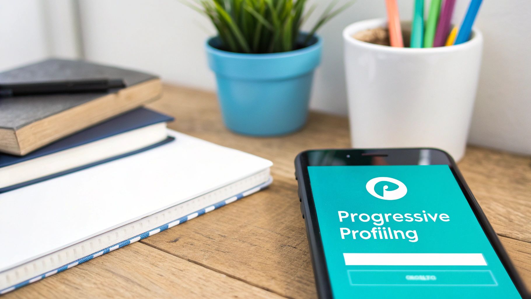 Smartphone displaying 'Progressive Profiling' app on a wooden desk with books and office supplies.