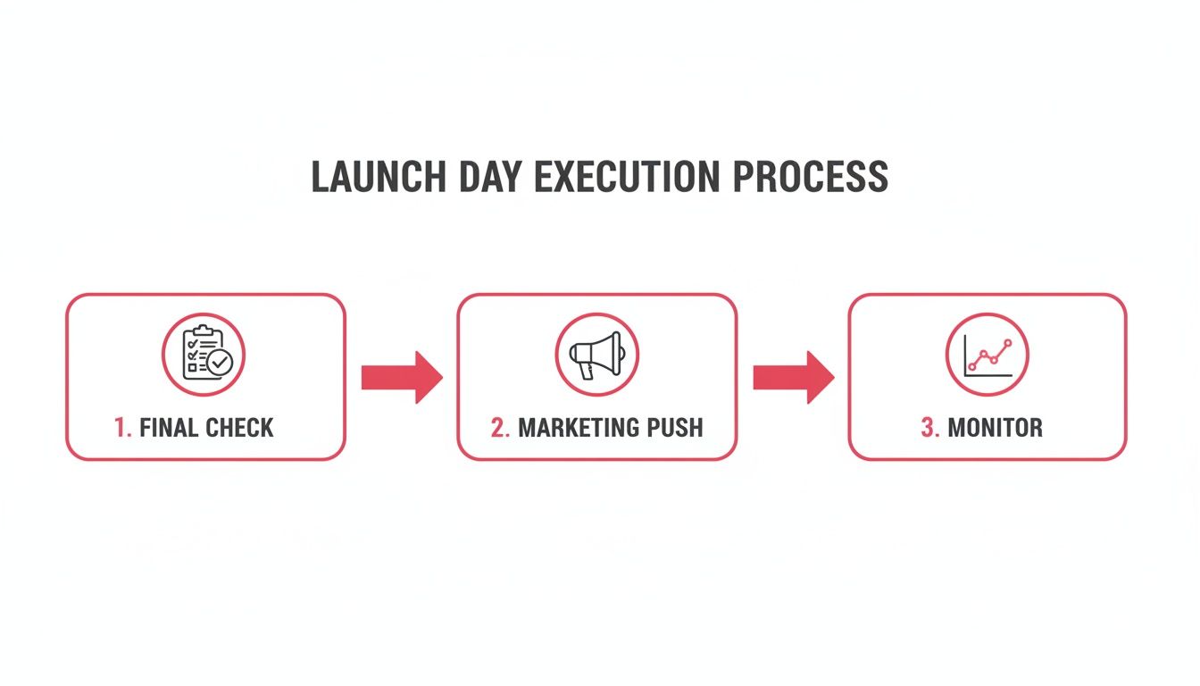 Infographic showing a three-step launch day execution process: final check, marketing push, and monitor.