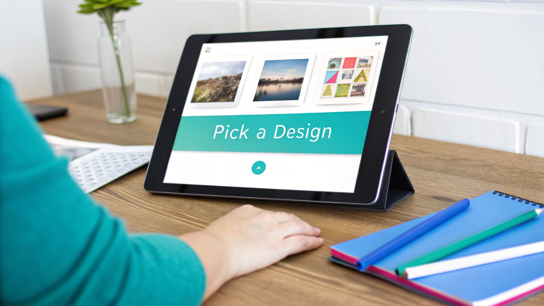 A person's hand rests near a tablet displaying "Pick a Design" on a wooden desk.