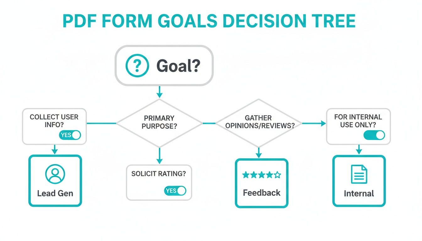 A decision tree flow chart illustrating various goals for PDF forms, including lead generation, feedback, and internal use.