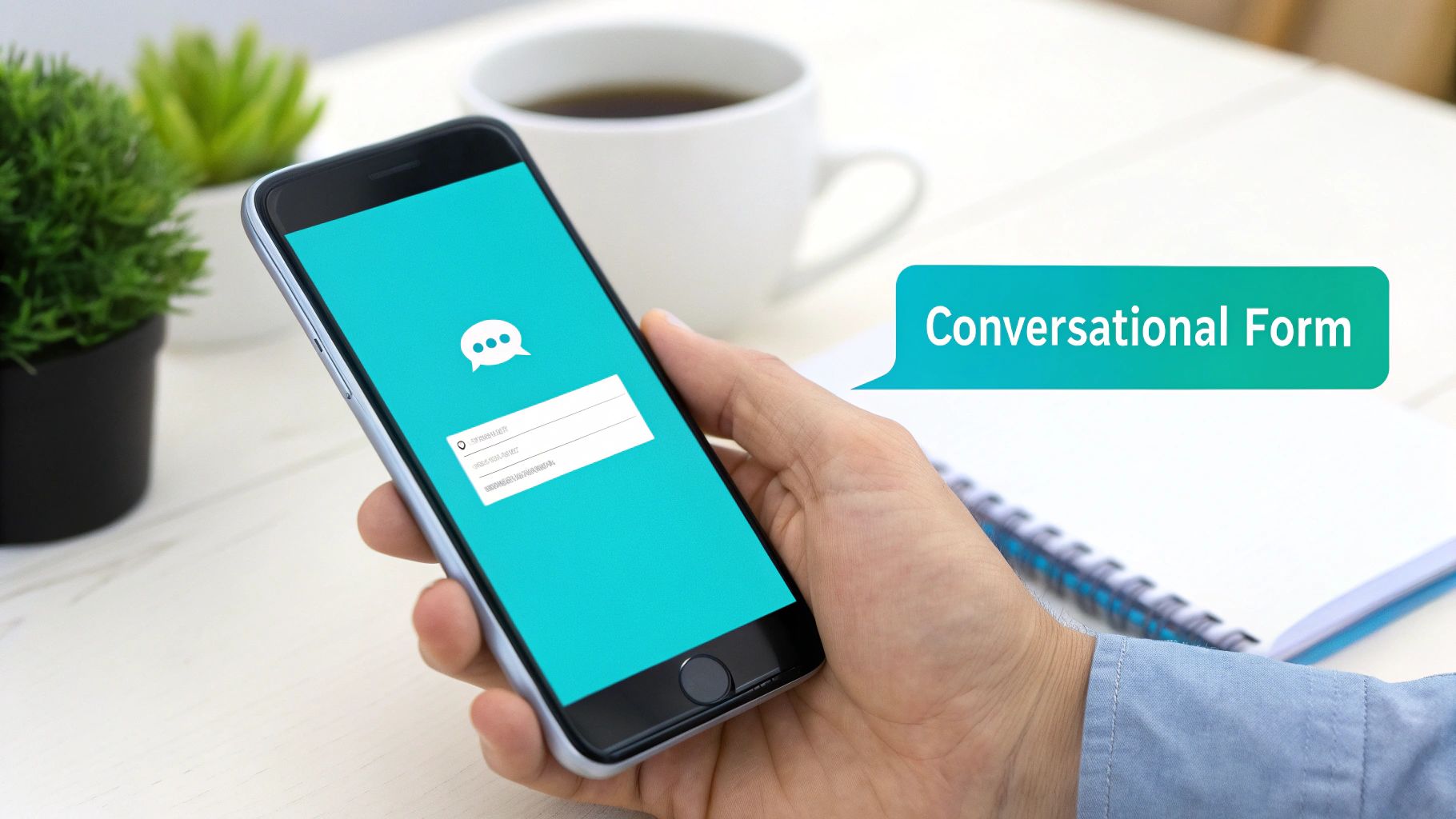 A hand holding a smartphone displaying a conversational form with a chat icon and input fields.