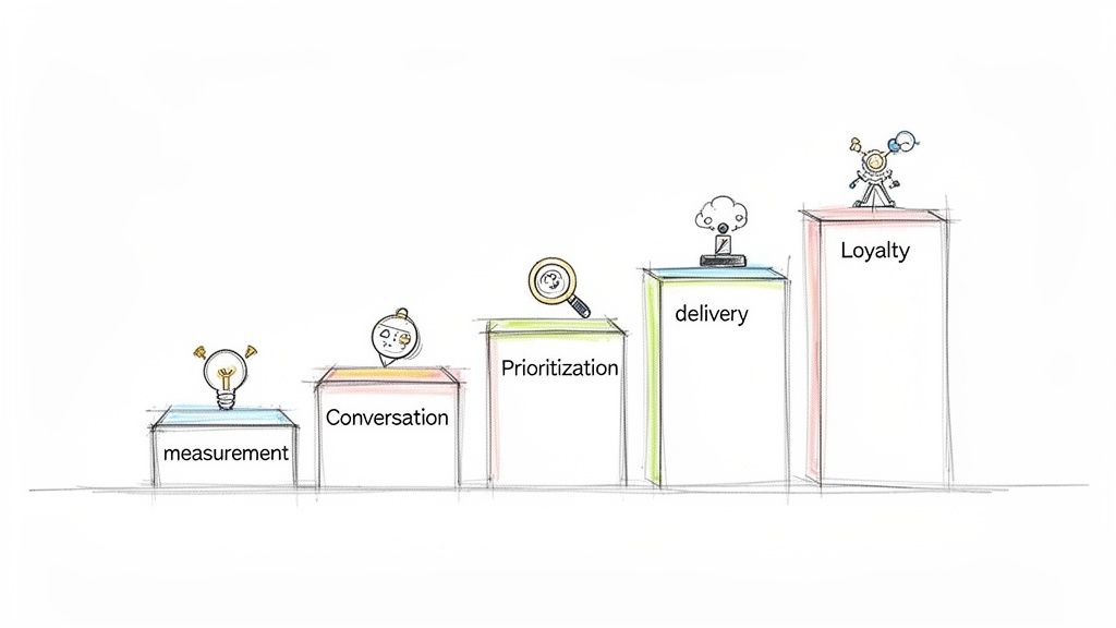 Illustration of five steps: measurement, conversation, prioritization, delivery, leading to customer loyalty.