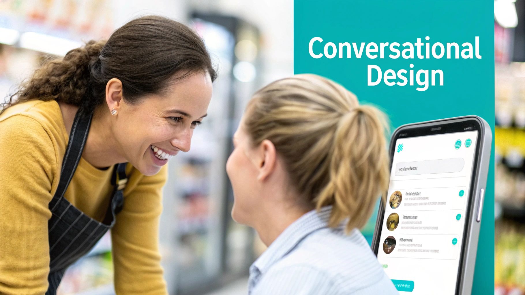 A smiling store employee helping a customer, beside a smartphone displaying a 'Conversational Design' app.