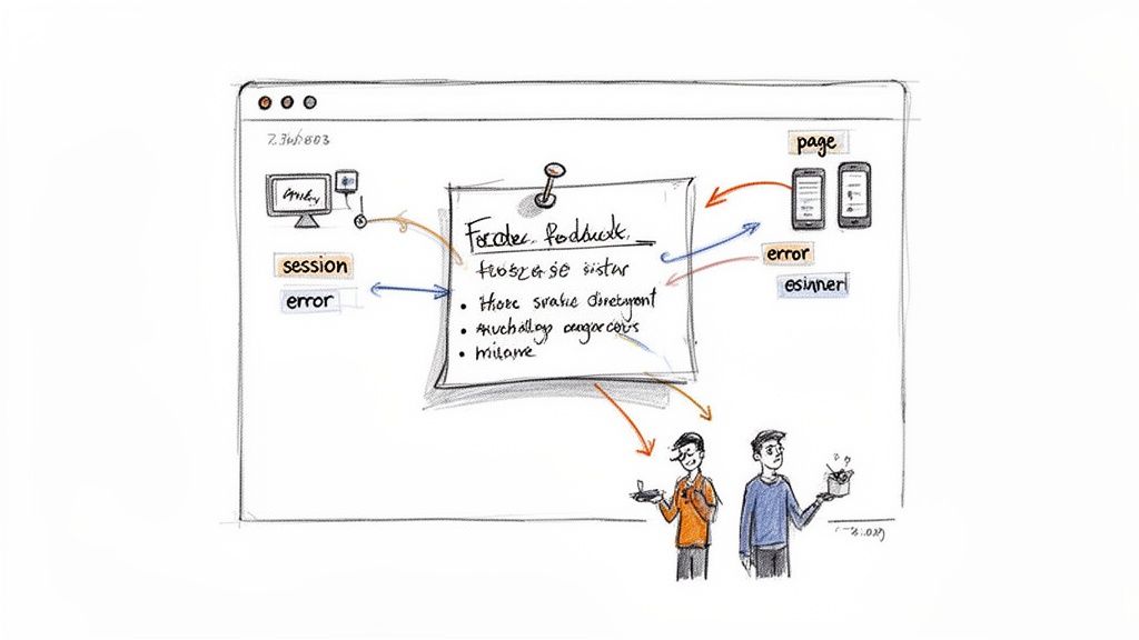 A hand-drawn diagram illustrates product management concepts, showing user sessions, errors, and mobile page views with feedback notes.