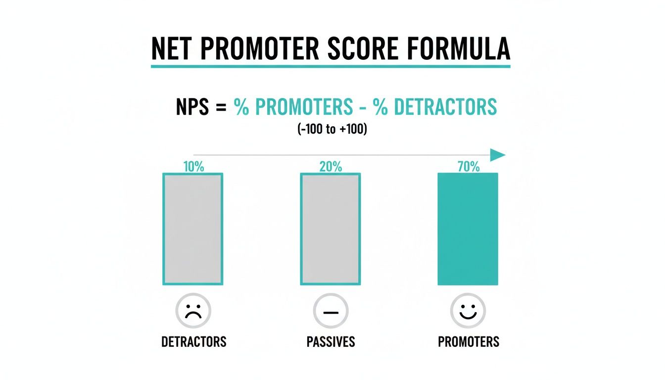 Net Promoter Score formula infographic showing 10% detractors, 20% passives, and 70% promoters.