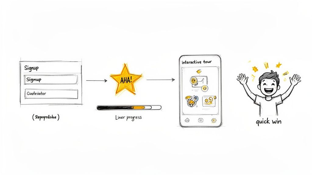 Diagram illustrating a user journey from signup through an interactive tour, leading to a quick win.