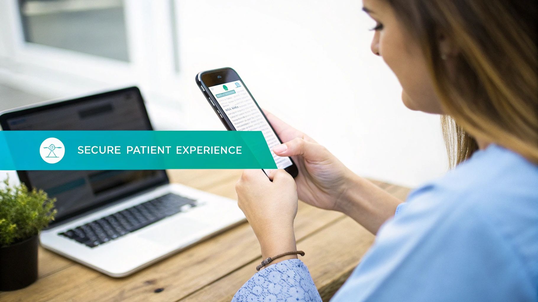 A woman uses a smartphone to access a secure patient experience platform, with a laptop nearby.