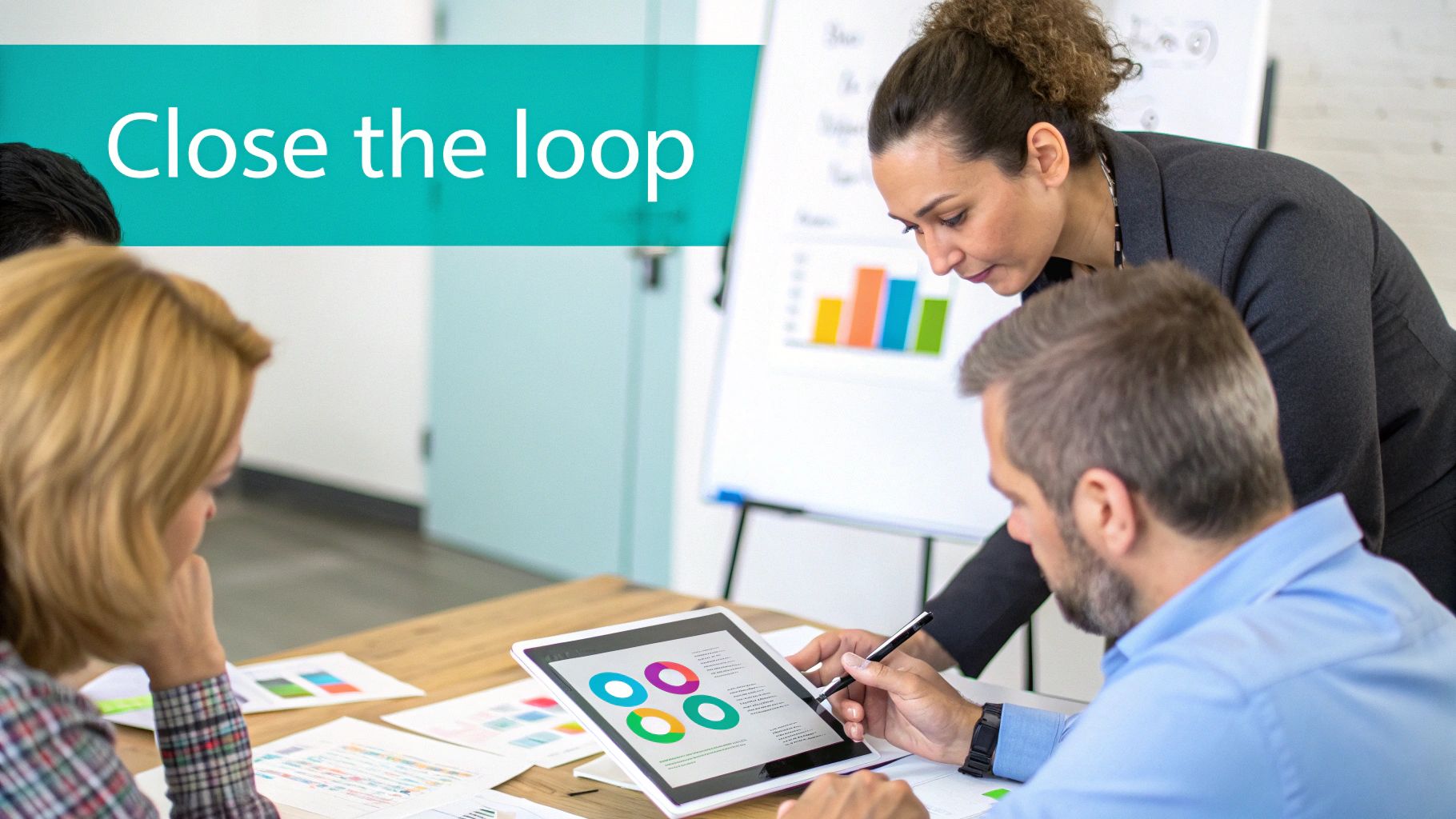 Business professionals collaborating on a tablet with charts and graphs during a meeting.