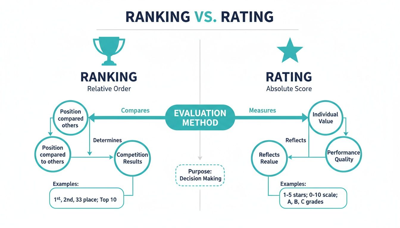 Diagram illustrating the distinction between ranking (relative order) and rating (absolute score) evaluation methods.