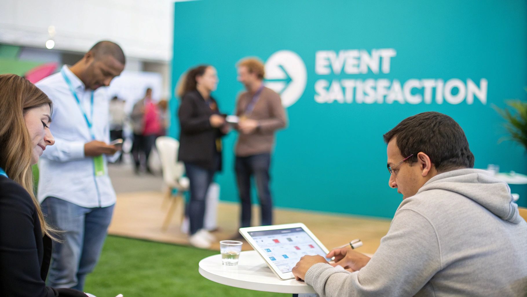 Attendees at an event, one man completes an event satisfaction survey on a tablet.