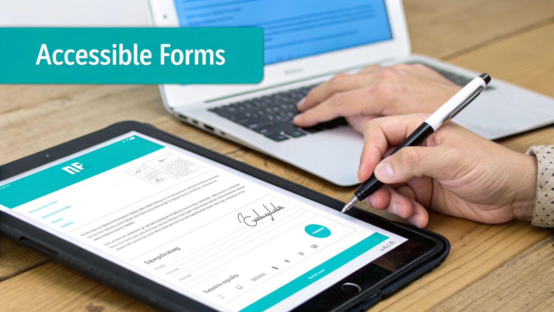 Hands interact with a tablet and laptop, featuring a banner 'Accessible Forms', on a wooden desk.