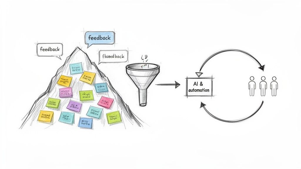 Illustration showing feedback collected from sticky notes, processed by AI and automation, delivered to users in a continuous loop.