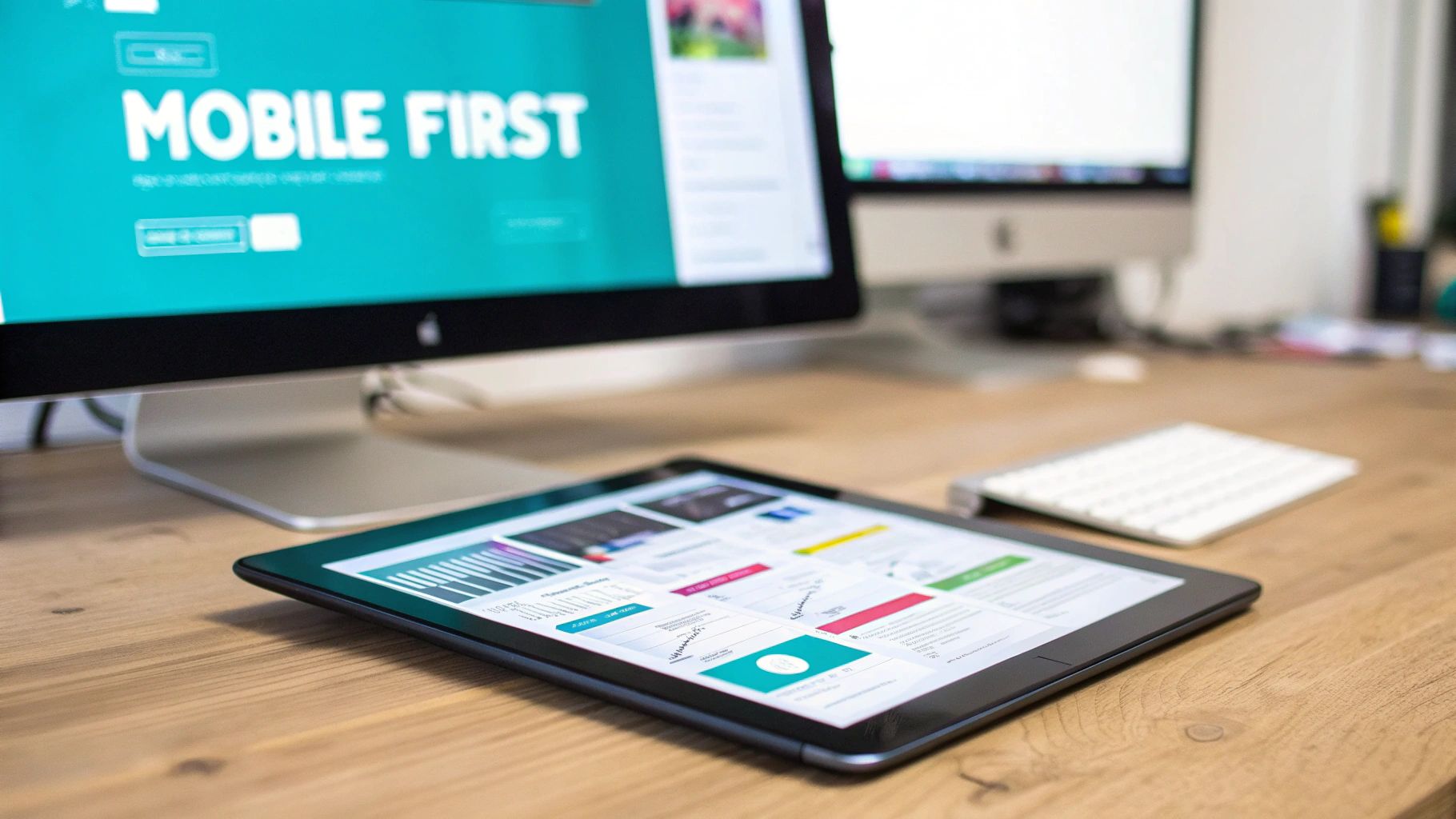 A workspace with a computer monitor displaying 'MOBILE FIRST' text and a tablet showing web design layouts.