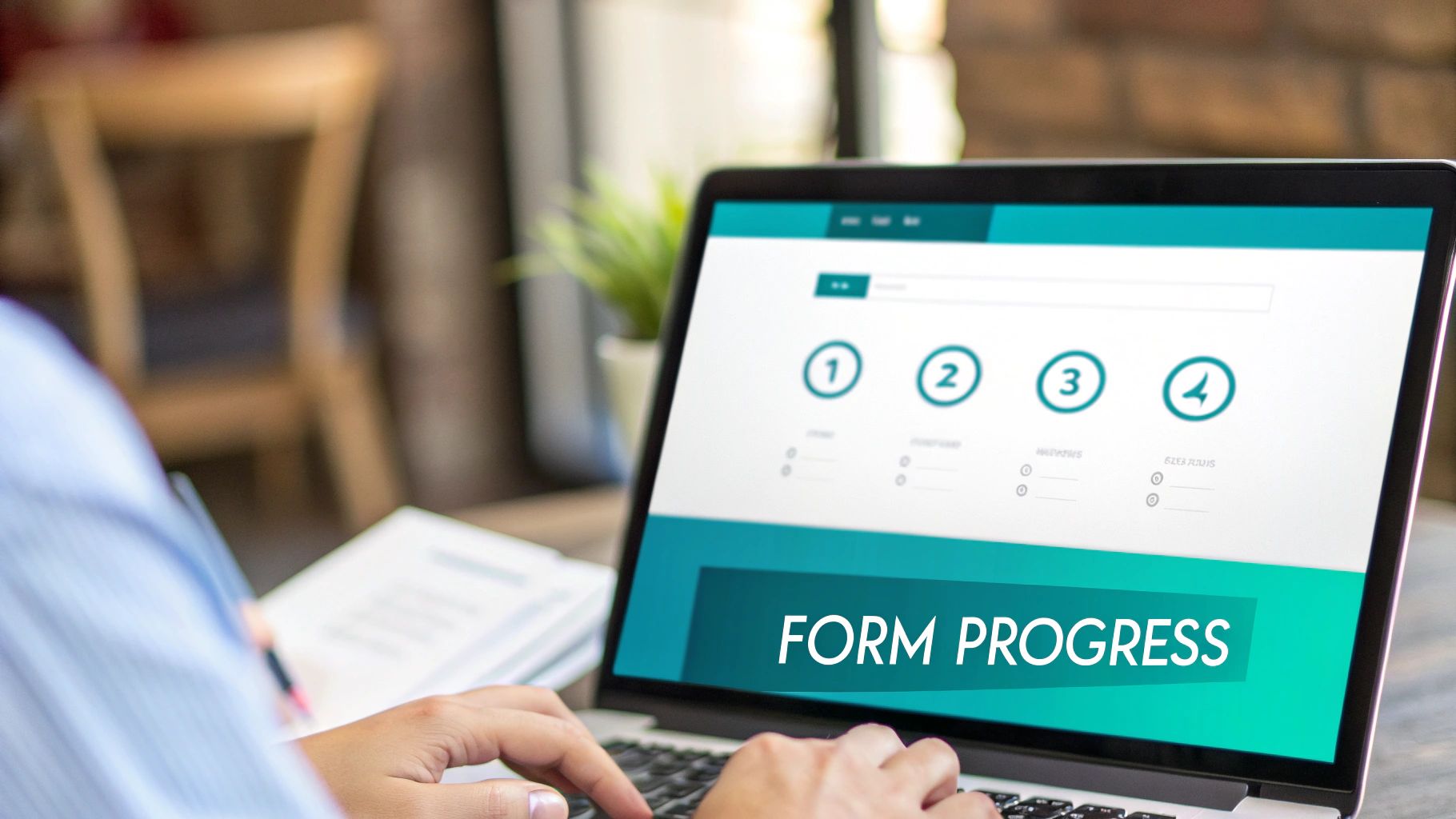Person working on a laptop, viewing a digital form with progress steps and 'FORM PROGRESS' text.