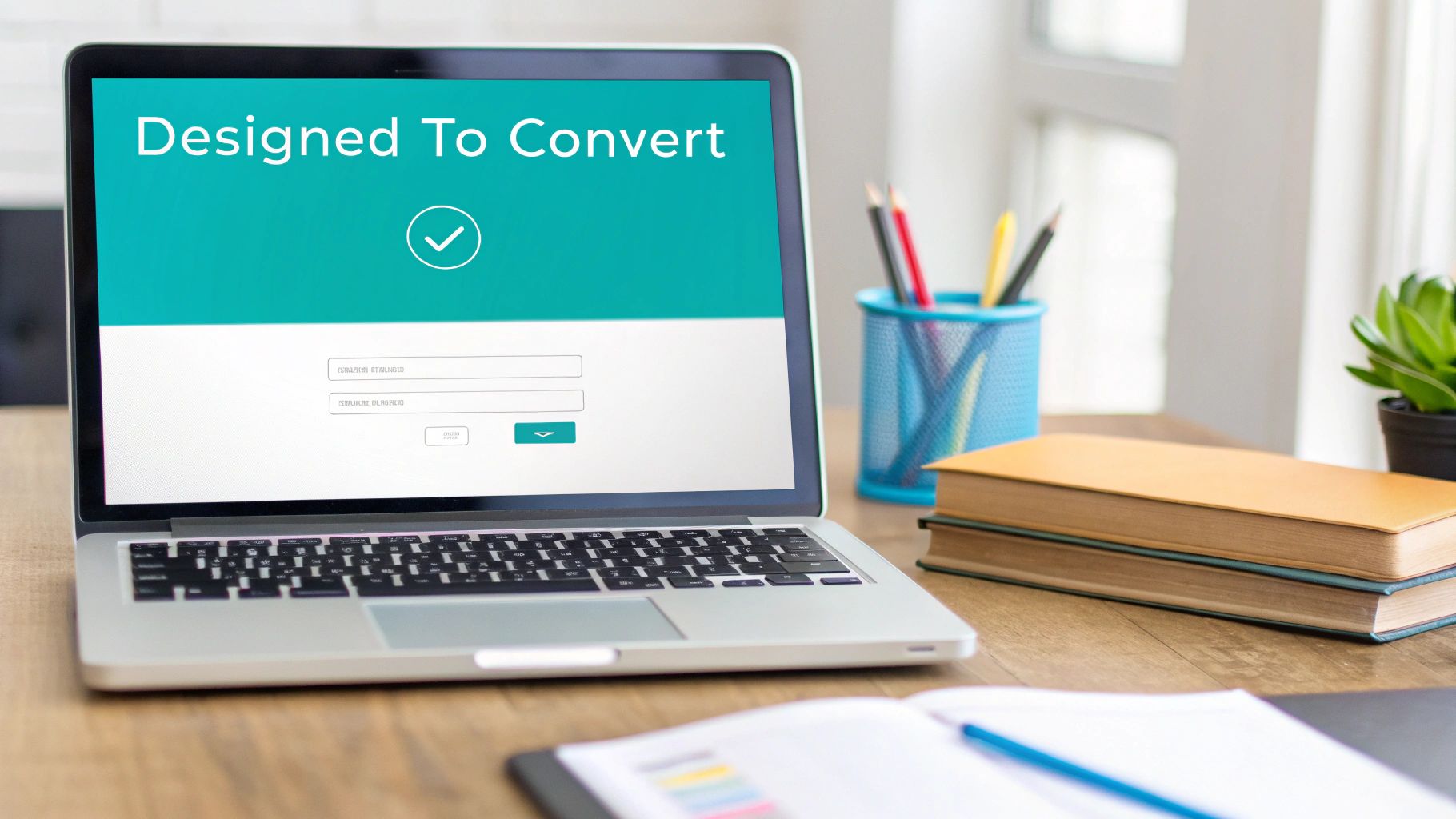 Laptop displaying a 'Designed To Convert' lead capture form on a modern desk with books and plant.