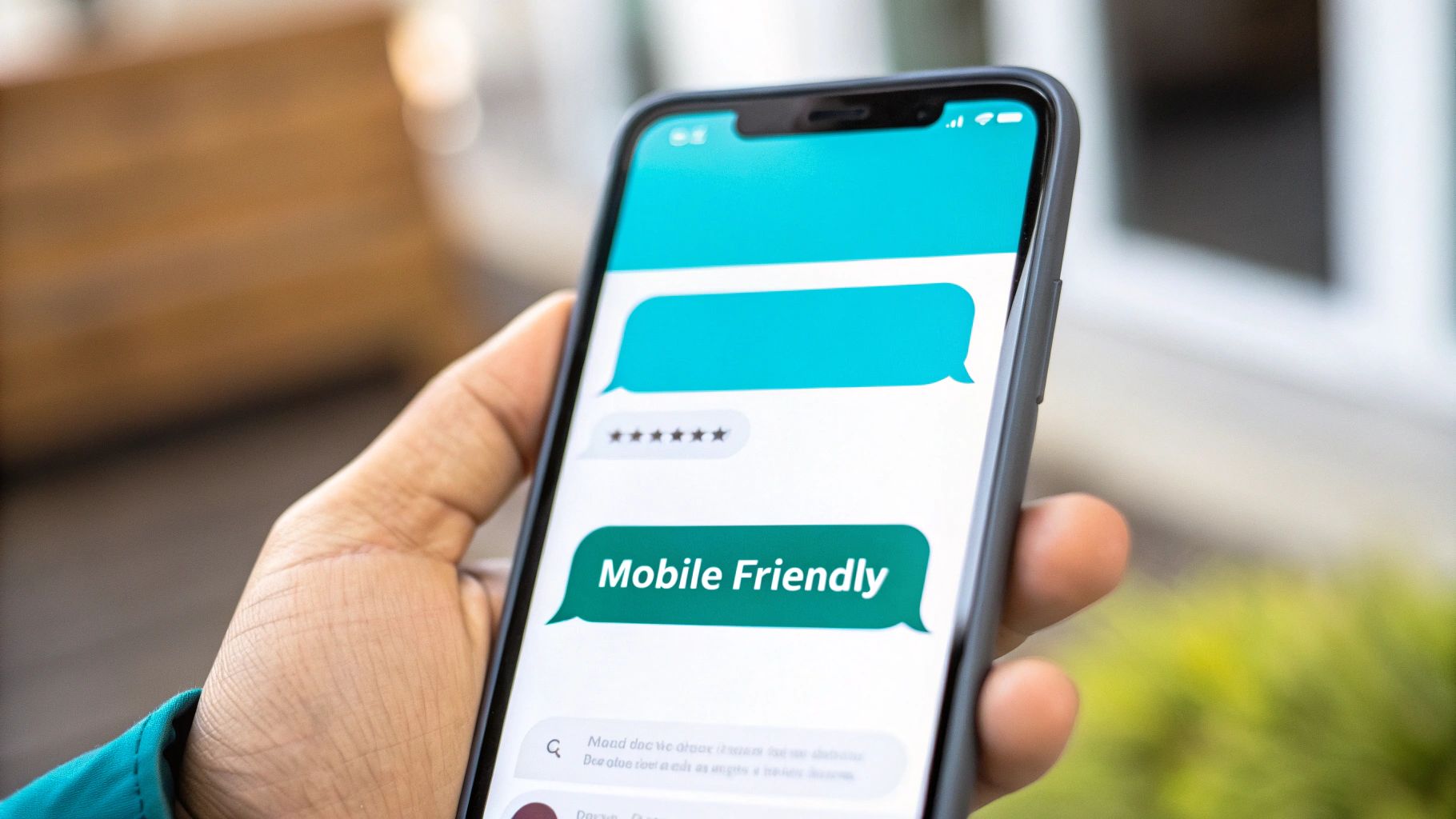 A hand holds a smartphone displaying a chat app with a 'Mobile Friendly' message.