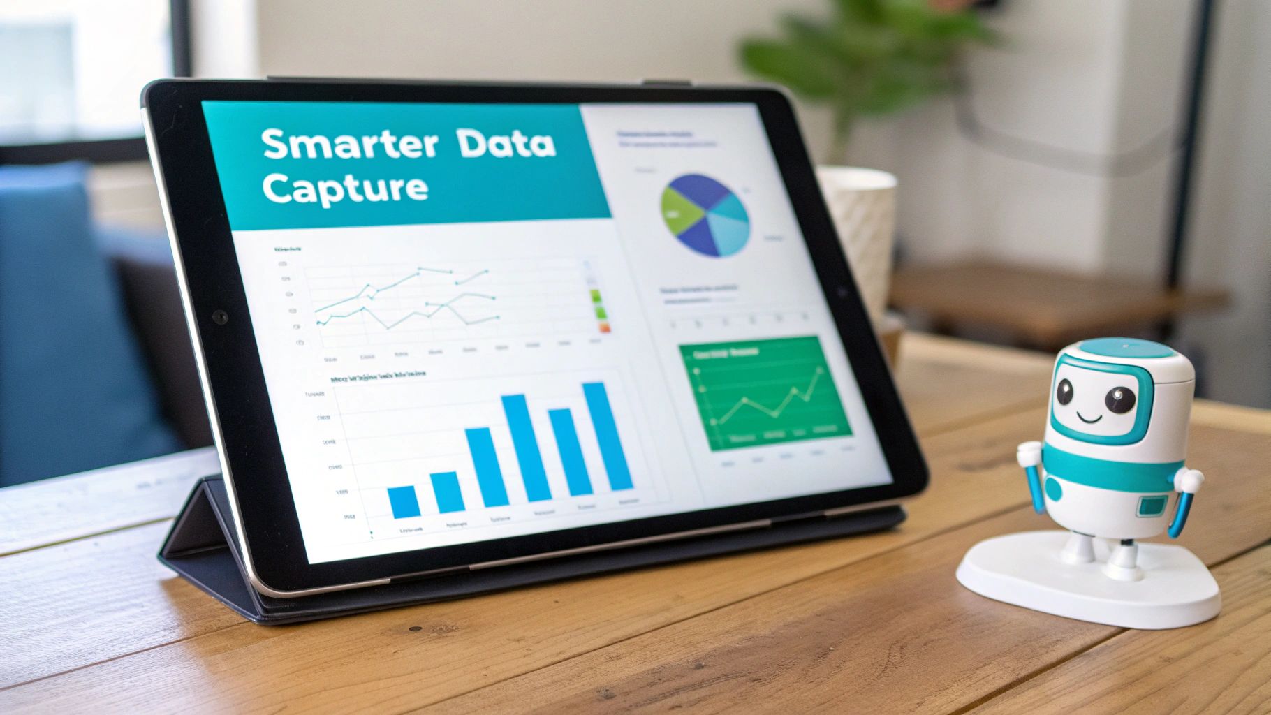 A tablet displaying "Smarter Data Capture" analytics and various charts next to a friendly robot.