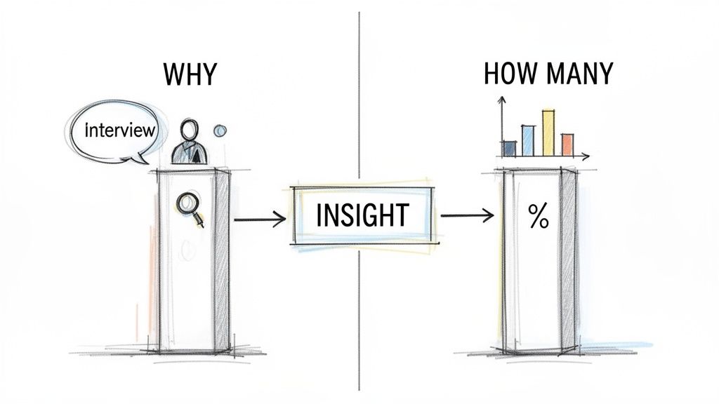 Diagram illustrates user research from qualitative 'WHY' (interviews) to 'INSIGHT' and quantitative 'HOW MANY' (charts).