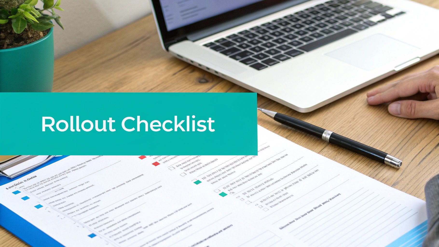 A green banner with 'Rollout Checklist' text, a laptop, a pen, and a document on a wooden desk.