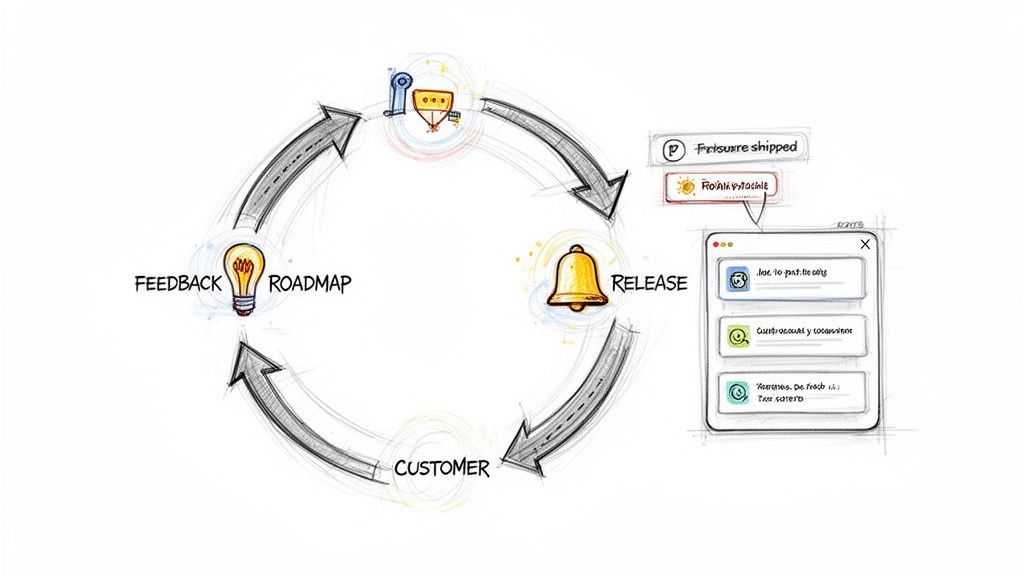 A hand-drawn product development lifecycle diagram showing feedback, roadmap, release, and customer interaction.