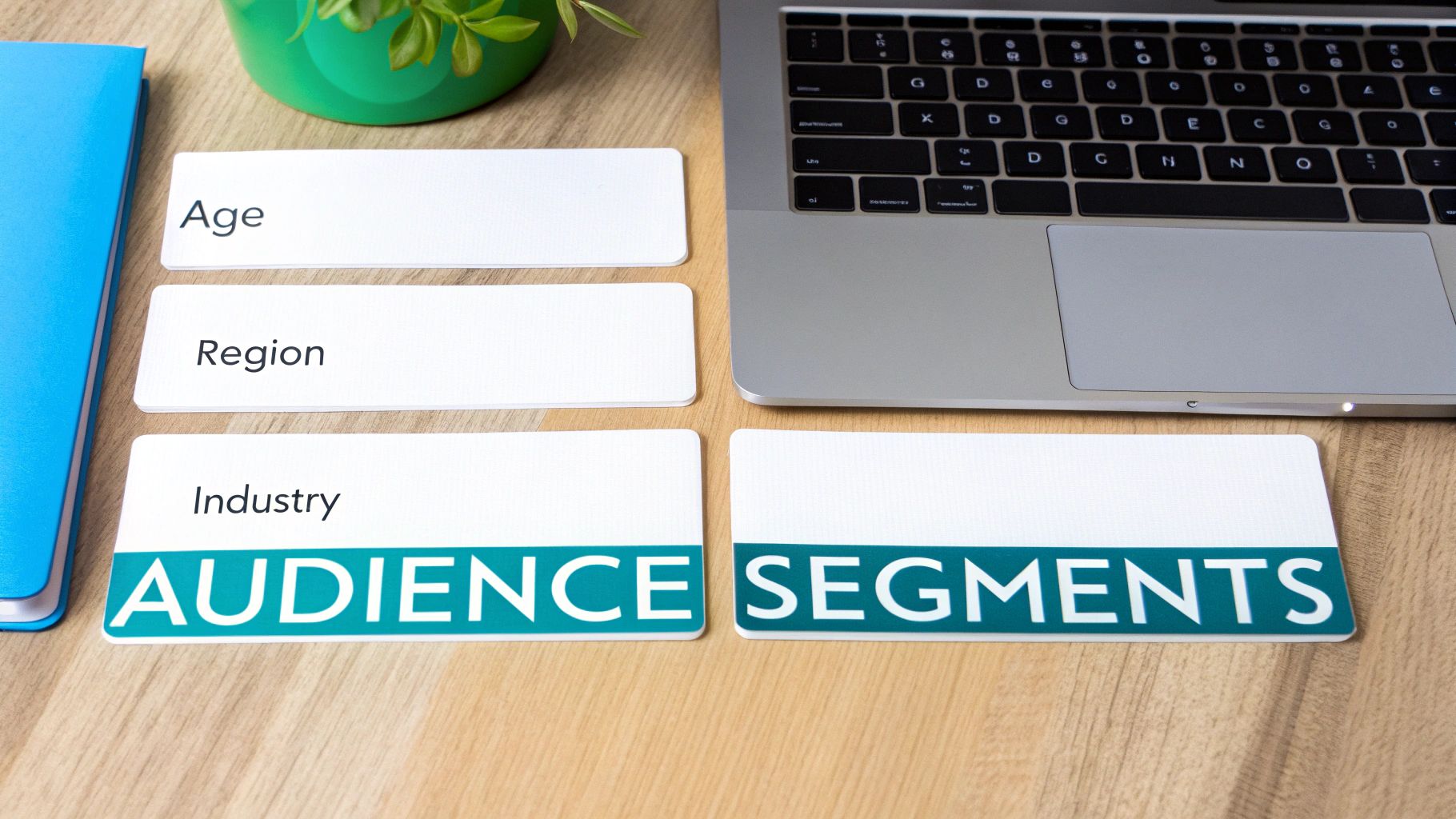 A flat lay image showing cards with 'Age', 'Region', 'Industry', and 'Audience Segments' text, alongside a laptop.