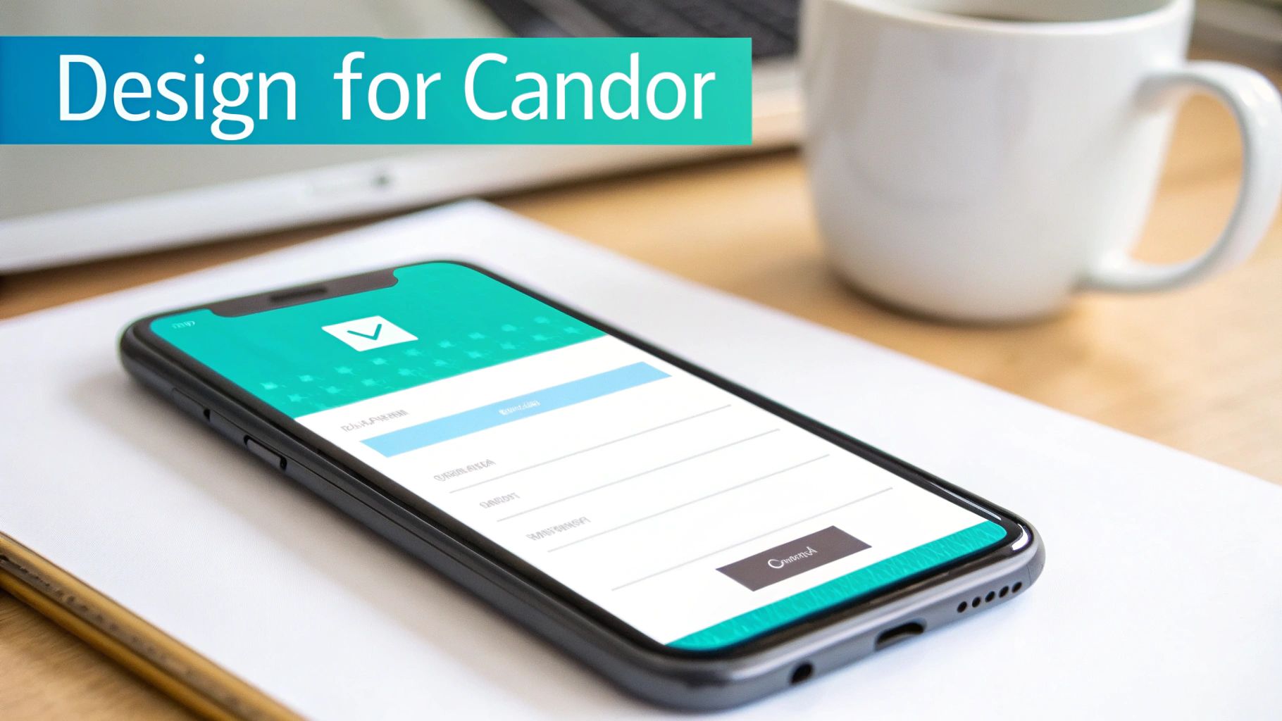 A smartphone displaying a green and white app form on a desk next to a laptop and coffee.