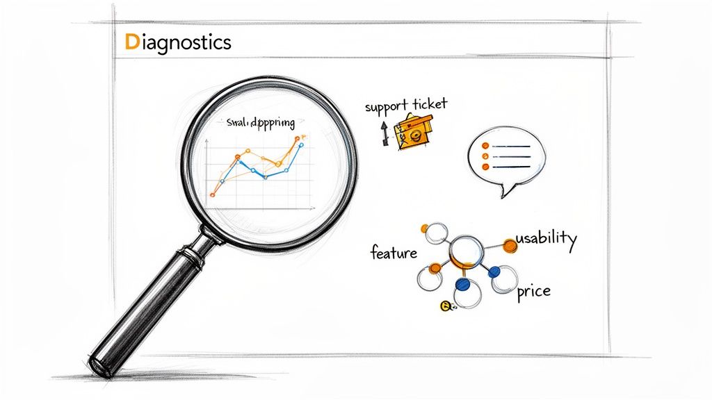 A sketch illustrating diagnostics, showing data analysis with a magnifying glass, support tickets, and interconnected product attributes like feature, usability, and price.