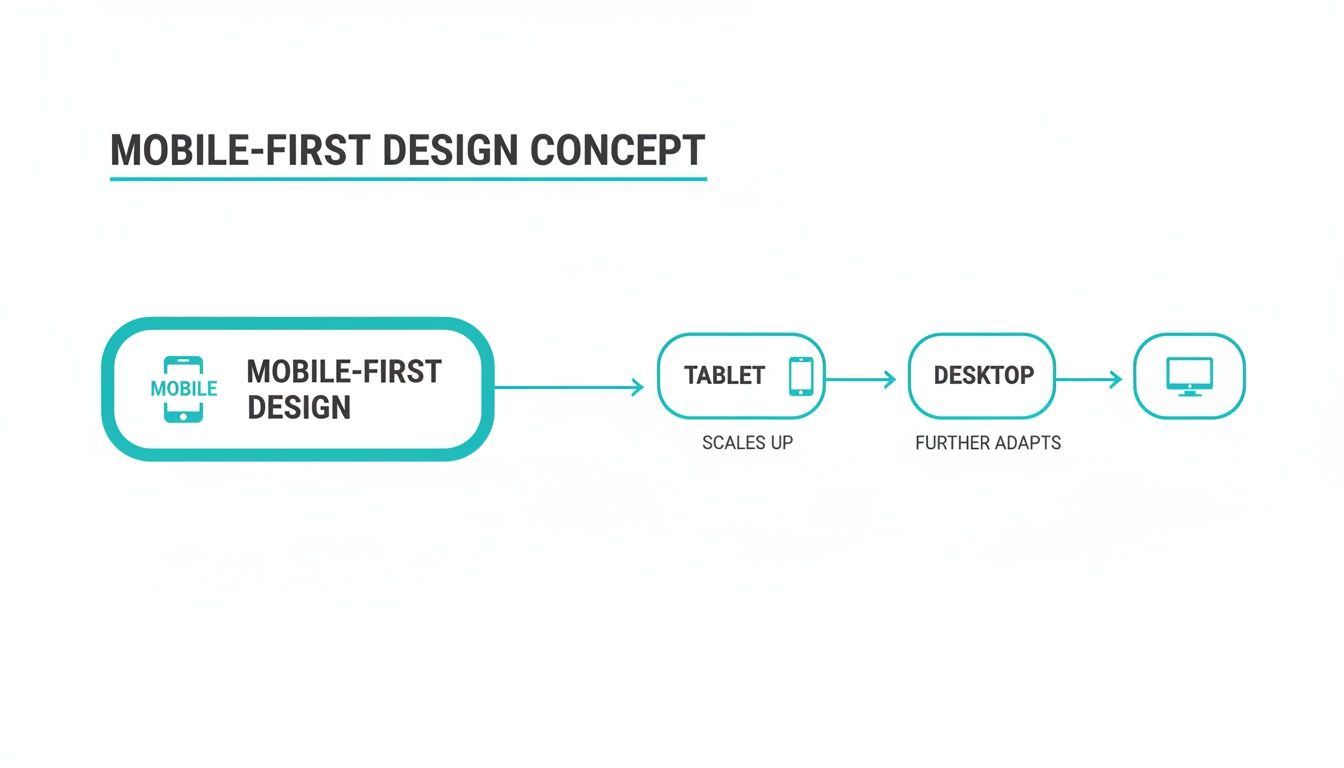 Flowchart illustrating mobile-first design concept, starting with mobile, scaling to tablet, and adapting for desktop.