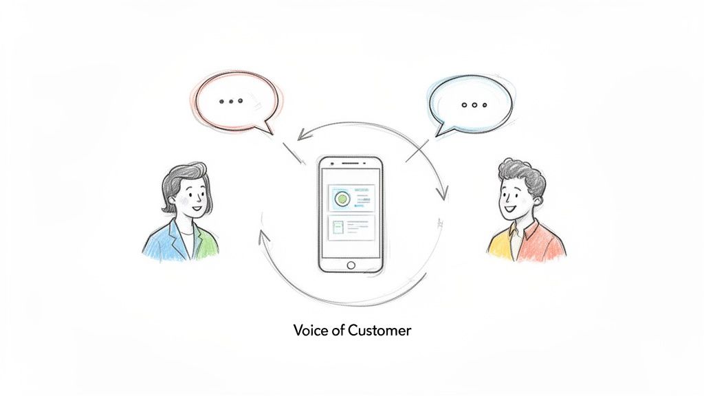 A man and a woman exchanging feedback via a smartphone, illustrating the Voice of Customer concept.
