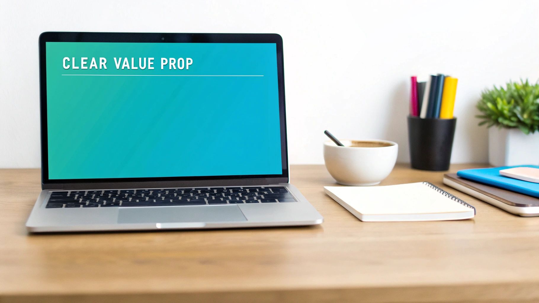Laptop displaying 'CLEAR VALUE PROP' on a desk with a coffee cup, pens, notebooks, and a plant, indicating a productive workspace.