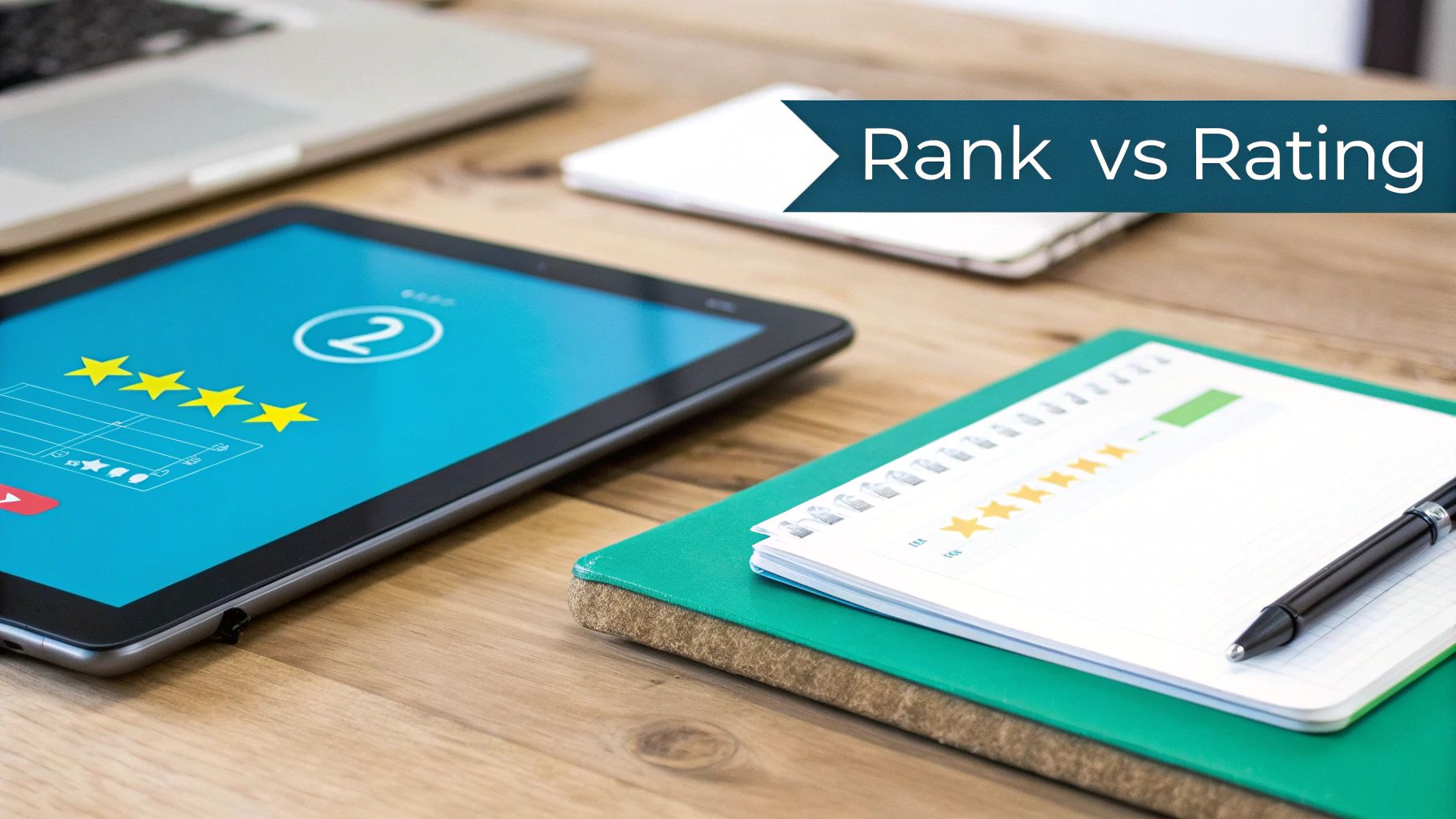 A tablet with a 4-star rating and rank '2', alongside a notebook showing a 5-star rating scale, illustrating 'Rank vs Rating' concept.