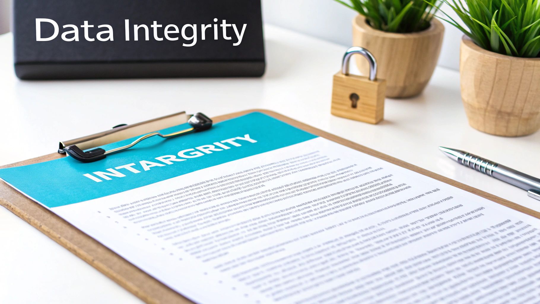 Data Integrity document on a clipboard with a padlock and small plants on a desk.