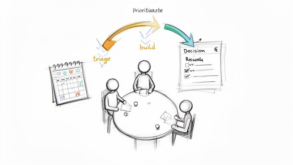 A hand-drawn diagram illustrating a cyclical process of prioritizing, triaging, and building, with team collaboration.