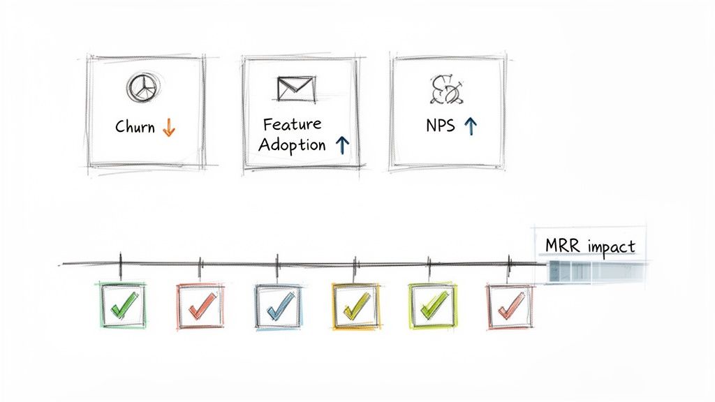 Sketch of customer success metrics: Churn reduction, Feature Adoption, NPS increase, with a timeline leading to MRR impact.