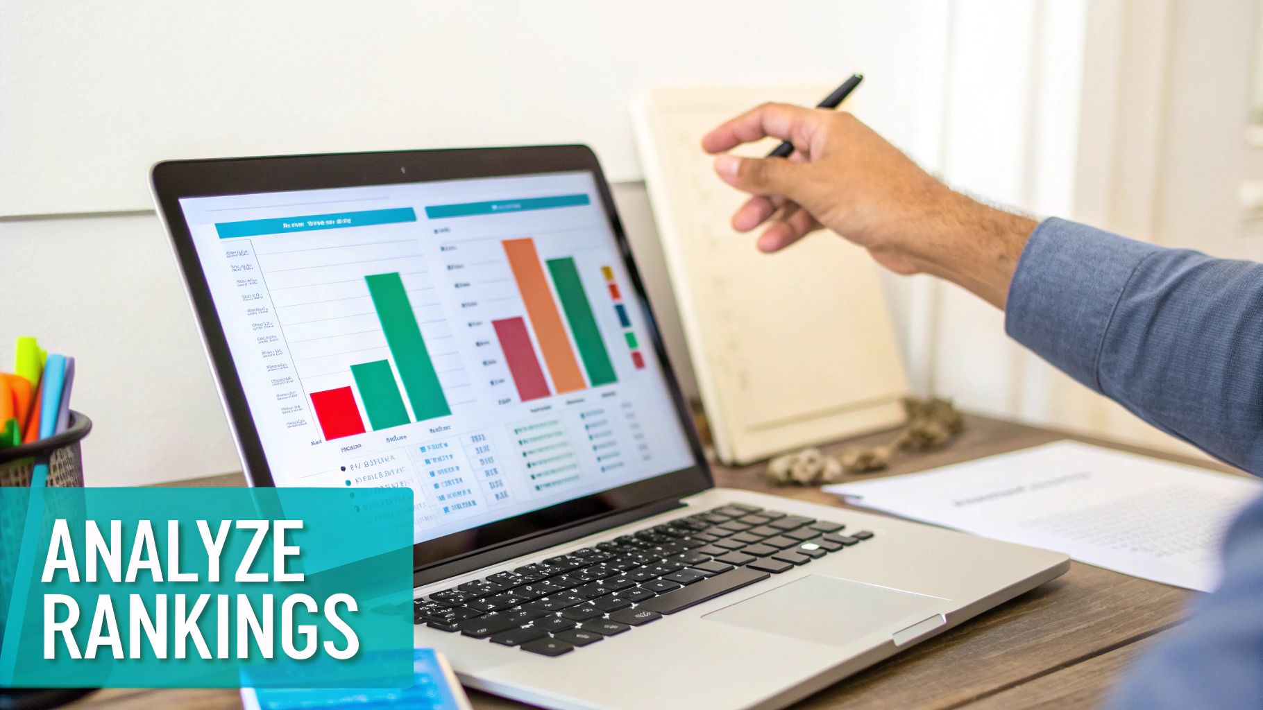 A person's hand points at a laptop screen displaying colorful bar charts and data for analysis.