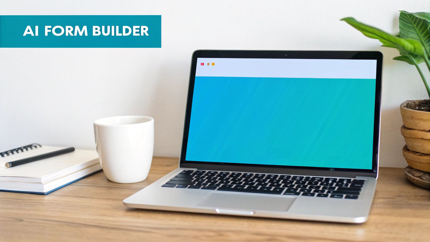 A laptop displaying a blue-green screen, with a white mug and notebooks on a wooden desk, advertising AI Form Builder.