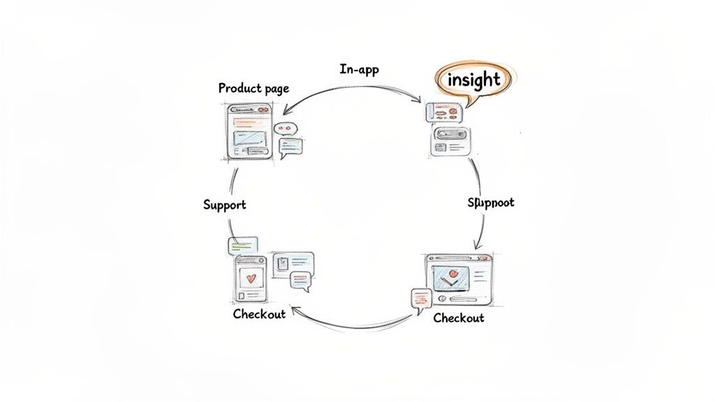 A circular diagram illustrating the customer journey from product page to in-app insight, support, and checkout.
