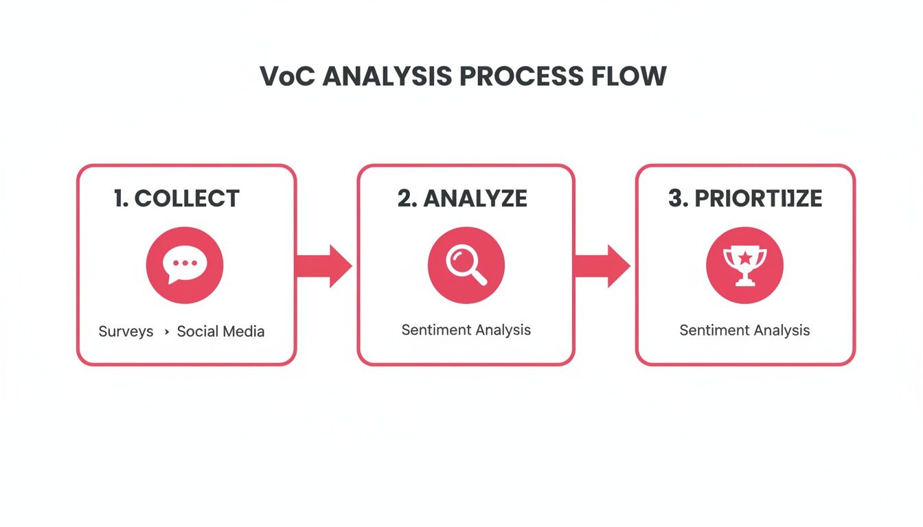 Voice of Customer (VoC) analysis process flow with three steps: collect, analyze, and prioritize feedback.